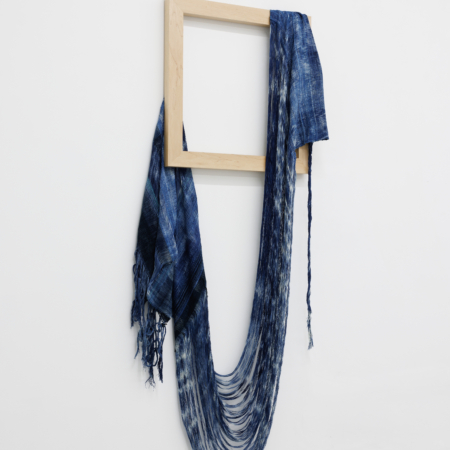 Weaving (long enough) Frances Trombly Handwoven, Indigo dyed cotton, hand dyed tensel, maple Courtesy of the Artist, DV, Mindy S