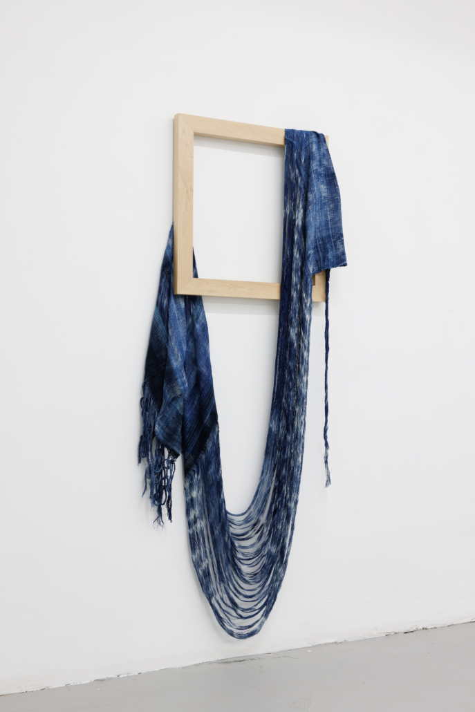 Weaving (long enough) Frances Trombly Handwoven, Indigo dyed cotton, hand dyed tensel, maple Courtesy of the Artist, DV, Mindy S