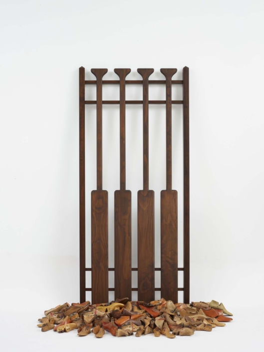 . Ray Azcuy Farewell, H X W X D stained wood, vintage shoe forms,
